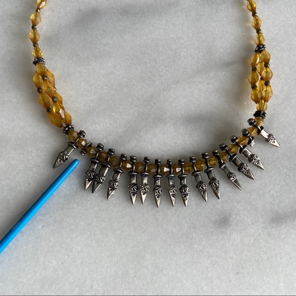 VINTAGE • Bohemian Vamp Spiked Beaded Necklace Hippie Savage Yellow Silver Tone - Picture 4 of 8